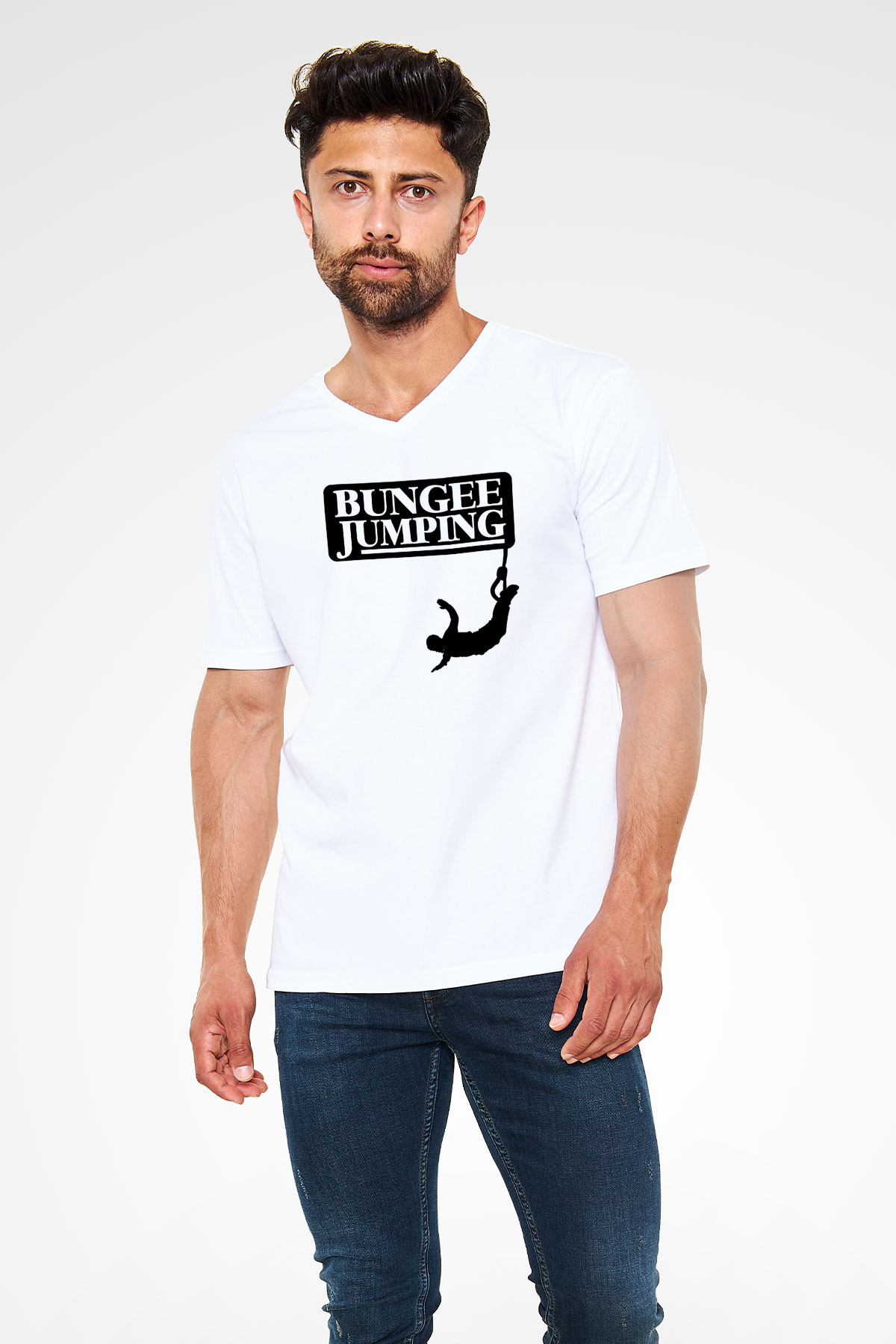 Bungee Jumping Baskılı Unisex V Yaka Tişört - Tshirt