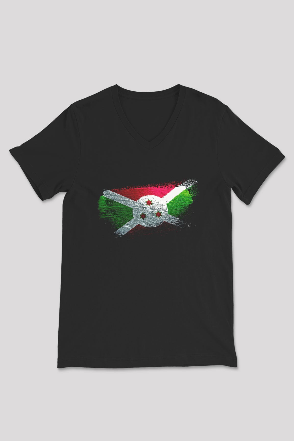 Burundi Bayrağı Baskılı Unisex Siyah V Yaka Tişört