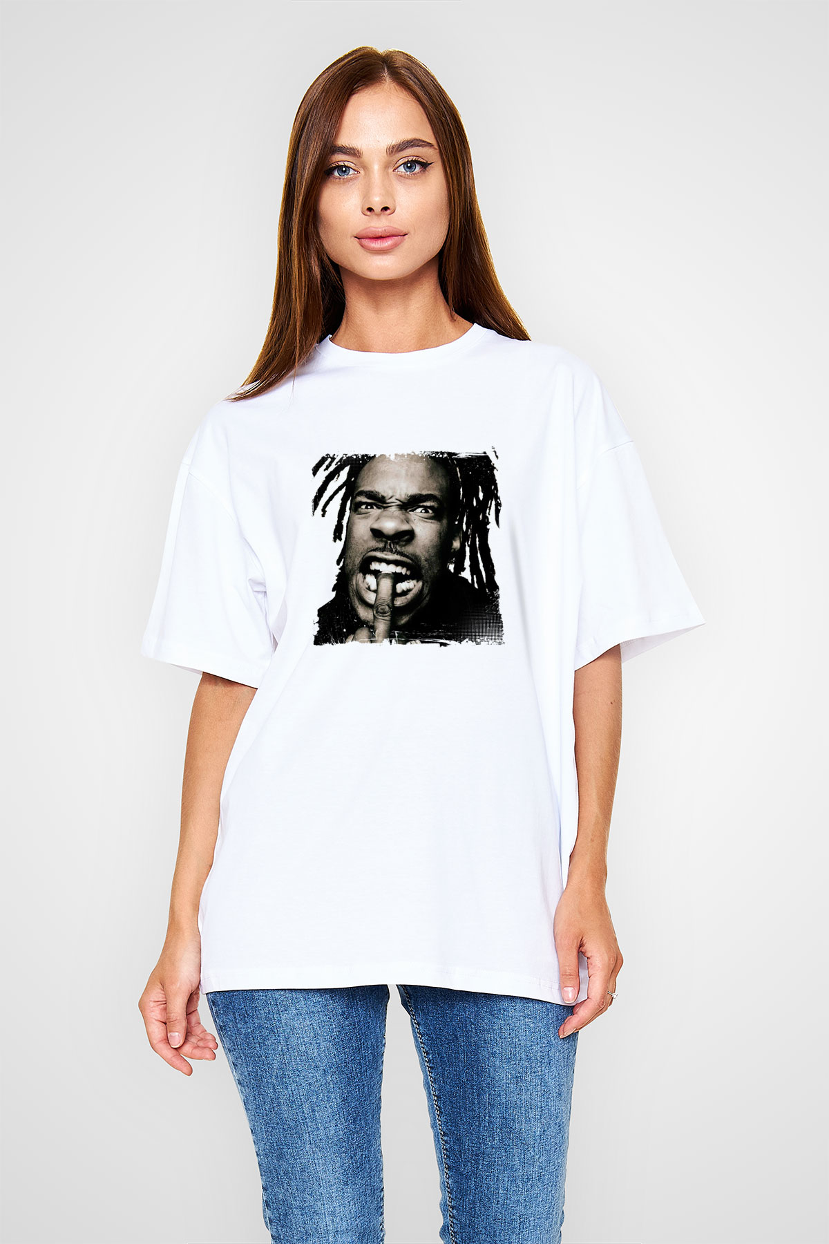 Busta Rhymes Baskılı Oversize Beyaz Tişört