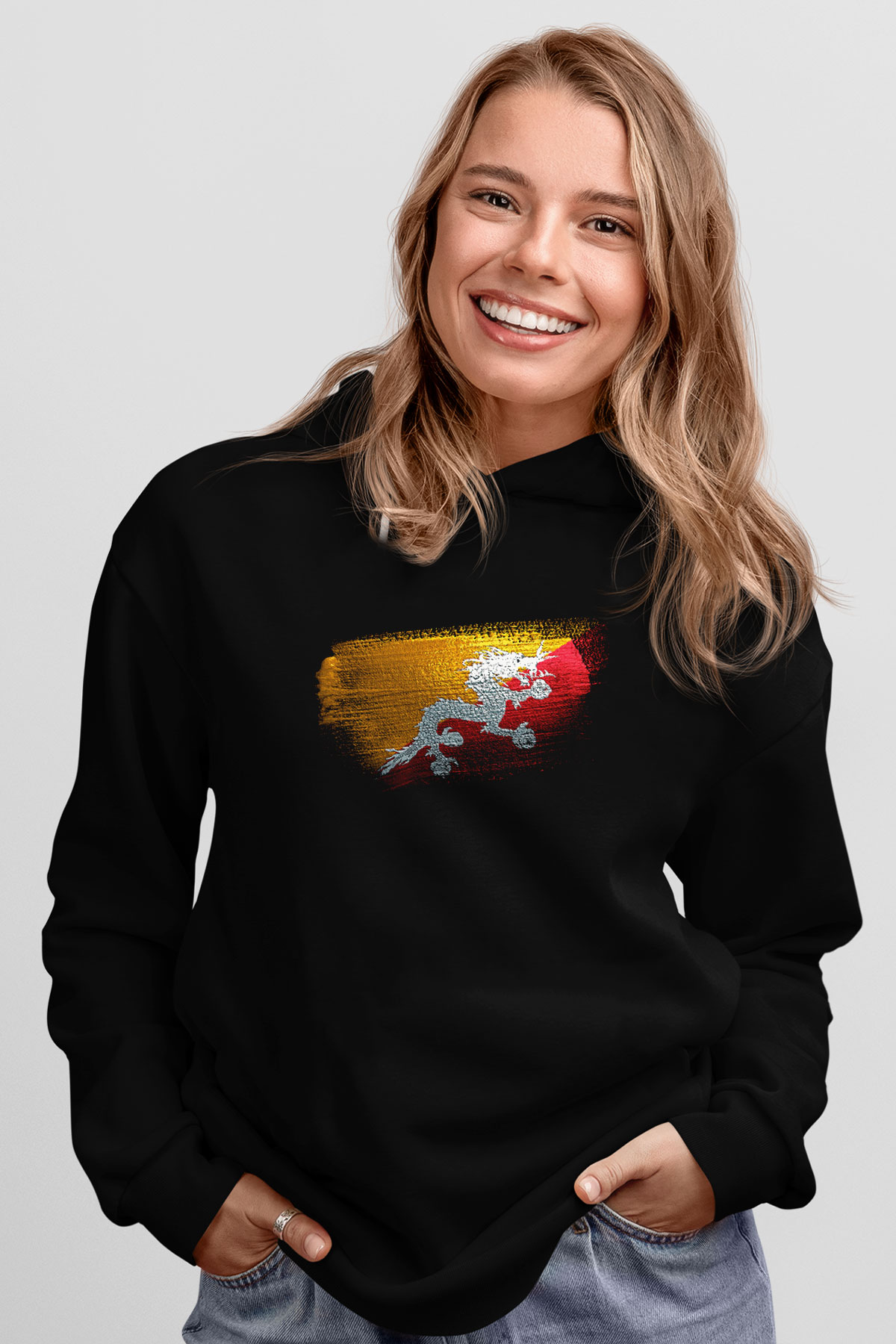Butan - Bhutan Bayrağı Baskılı Unisex Siyah Hoodie