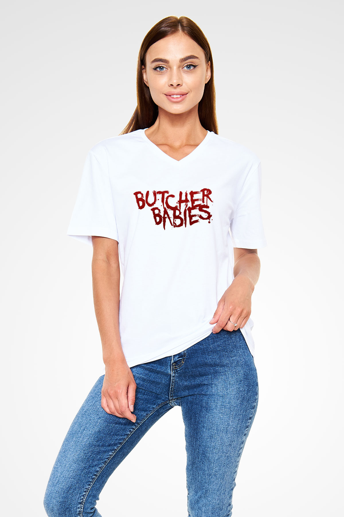 Butcher Babies Beyaz Unisex V Yaka Tişört