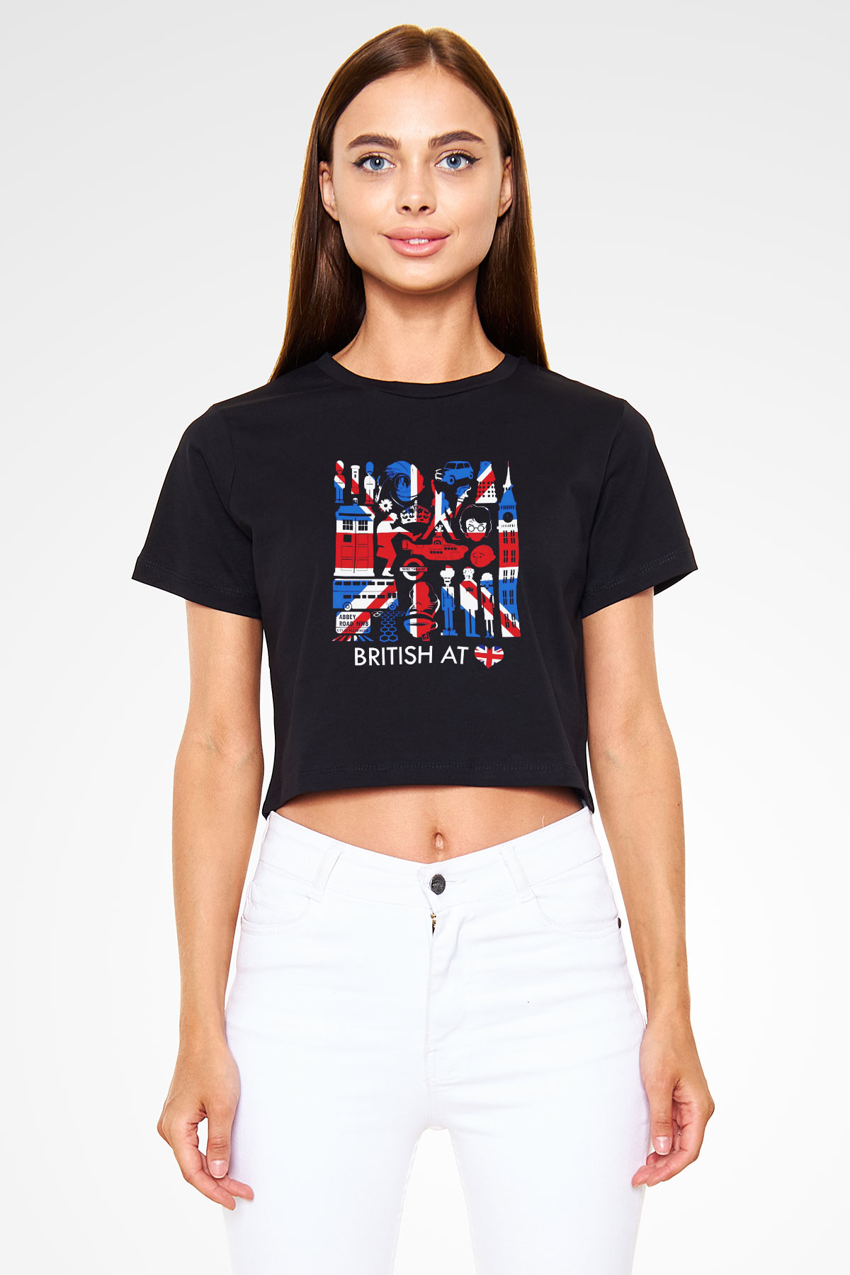 Büyük Britanya Siyah Crop Top Tişört