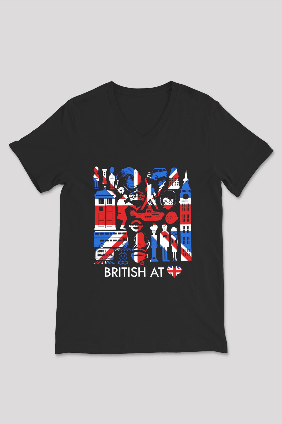 Büyük Britanya Siyah Unisex V Yaka Tişört T-Shirt