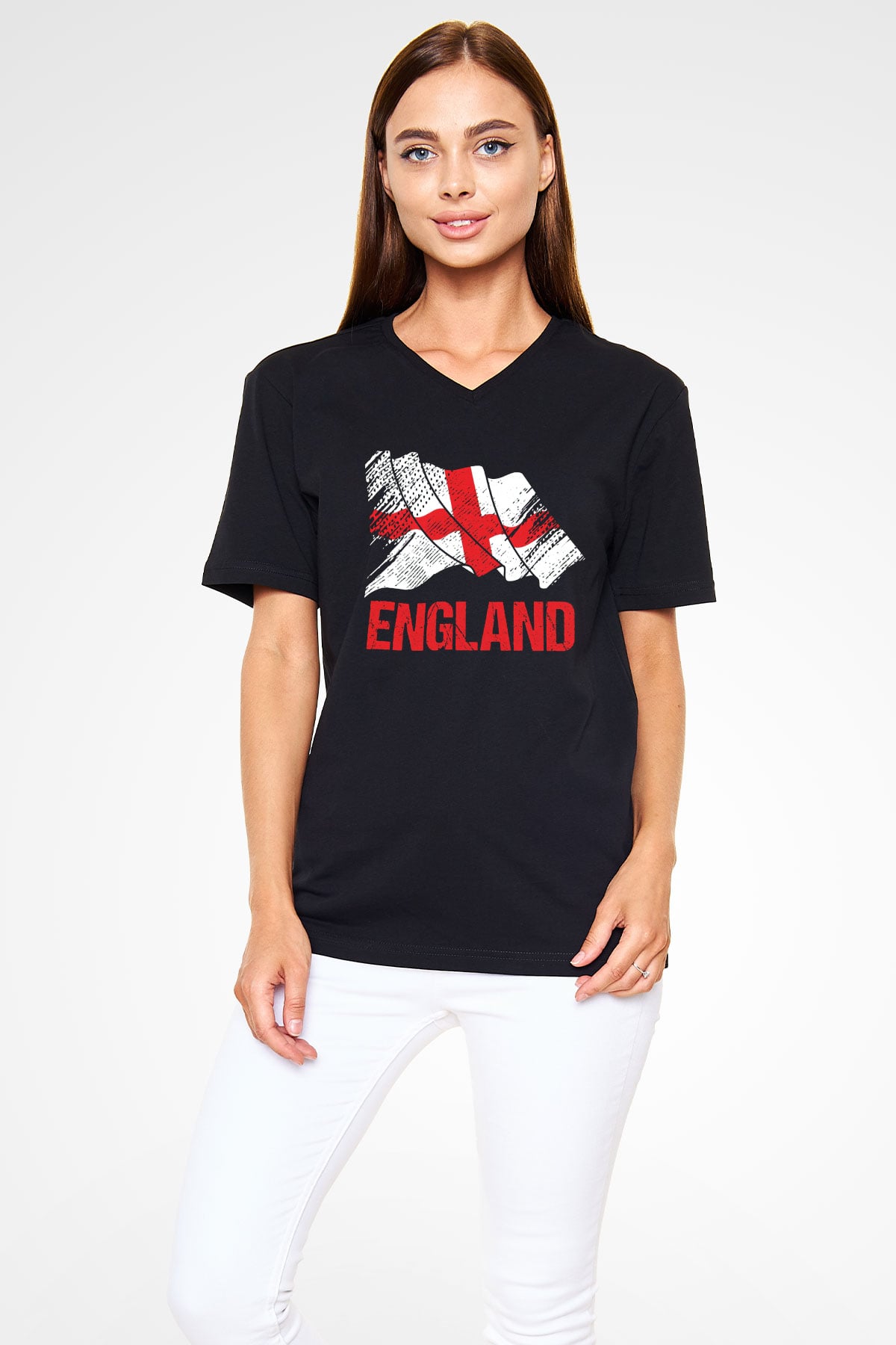 Büyük Britanya Siyah Unisex V Yaka Tişört