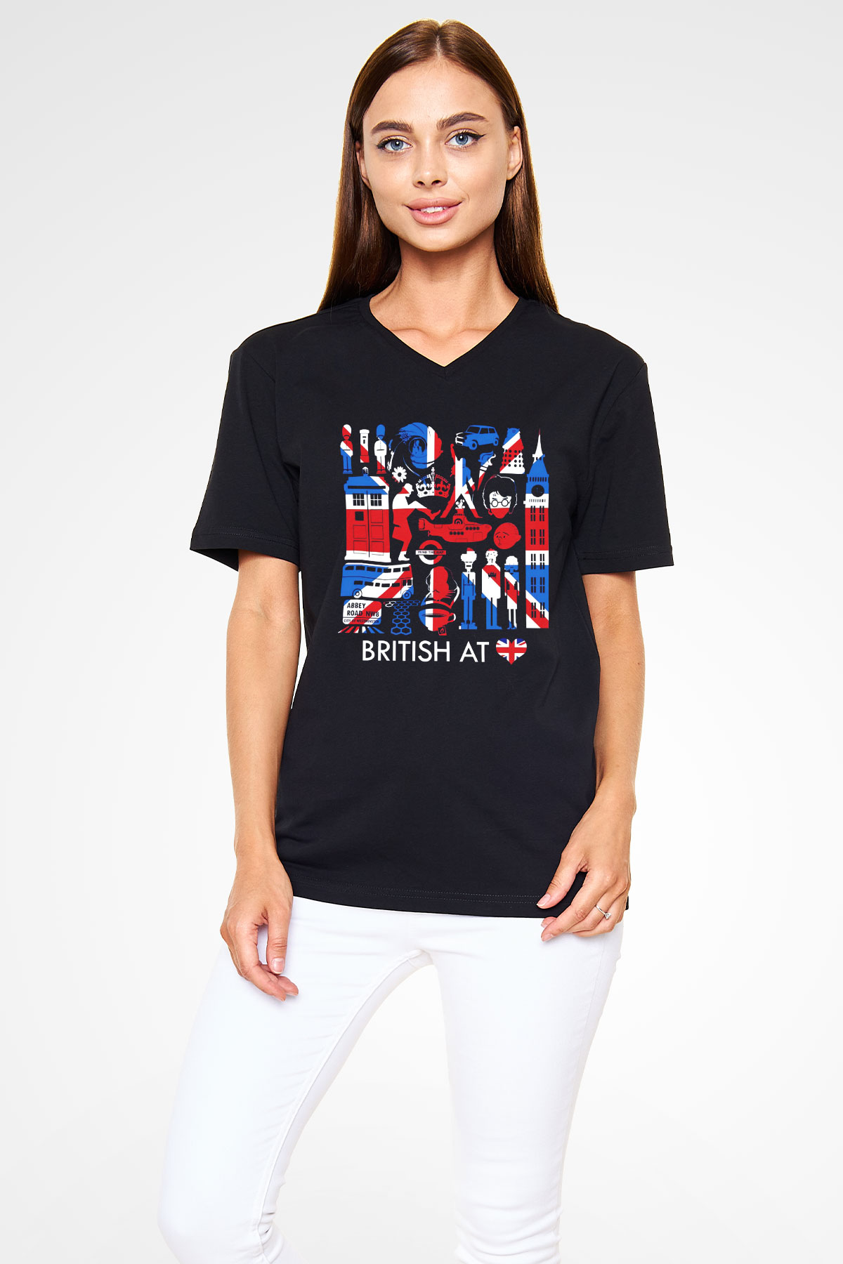 Büyük Britanya Siyah Unisex V Yaka Tişört T-Shirt