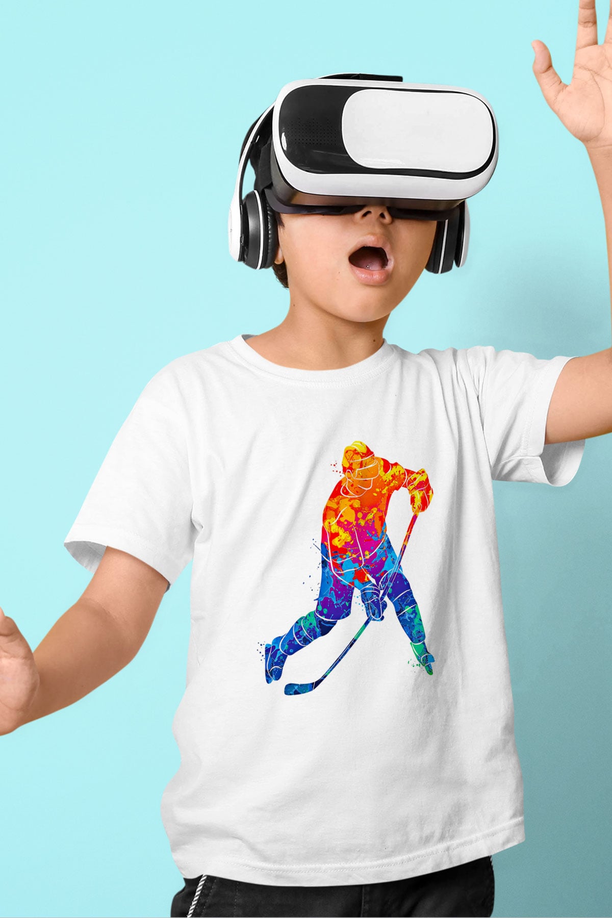 Buz Hokeyi Baskılı Unisex Beyaz Çocuk Tişört - Tshirt