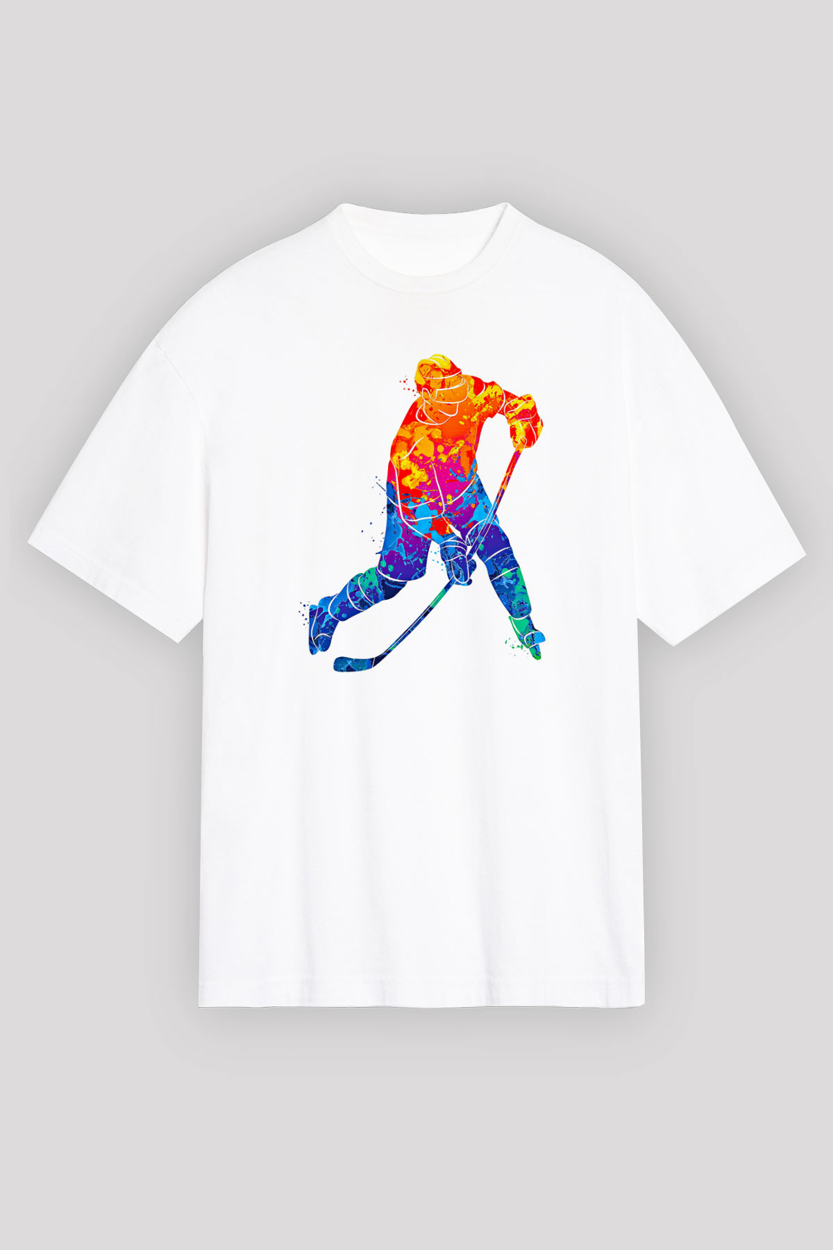 Buz Hokeyi Baskılı Unisex Beyaz Oversize Tişört - Tshirt