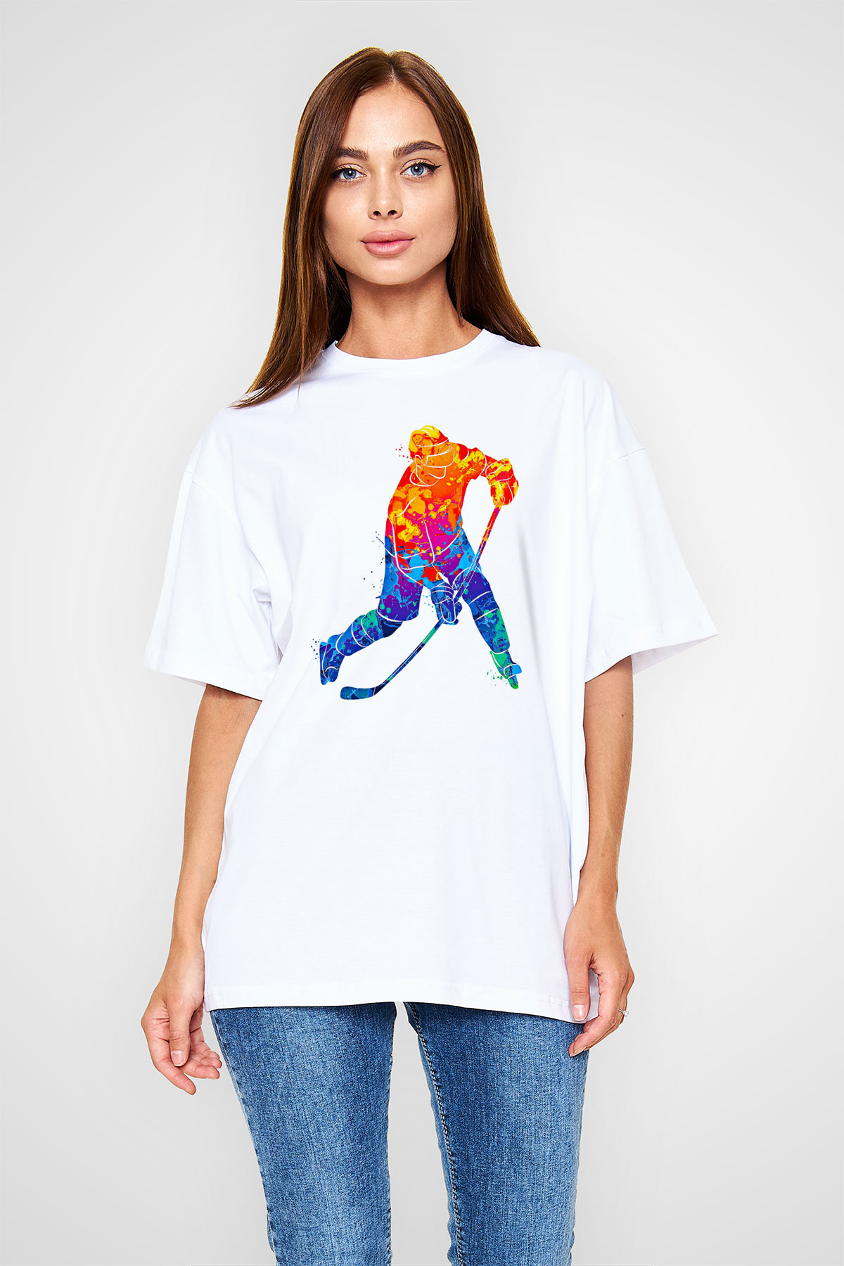 Buz Hokeyi Baskılı Unisex Beyaz Oversize Tişört - Tshirt