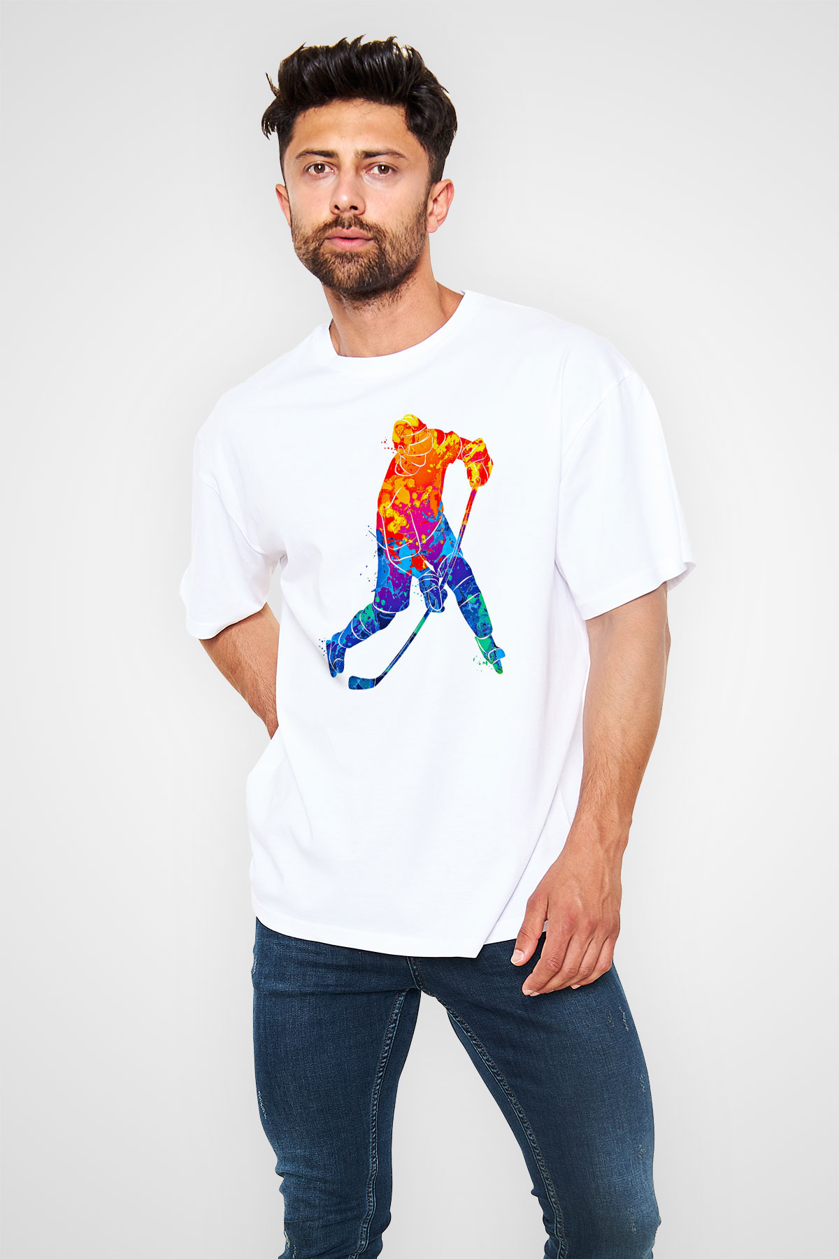Buz Hokeyi Baskılı Unisex Beyaz Oversize Tişört - Tshirt