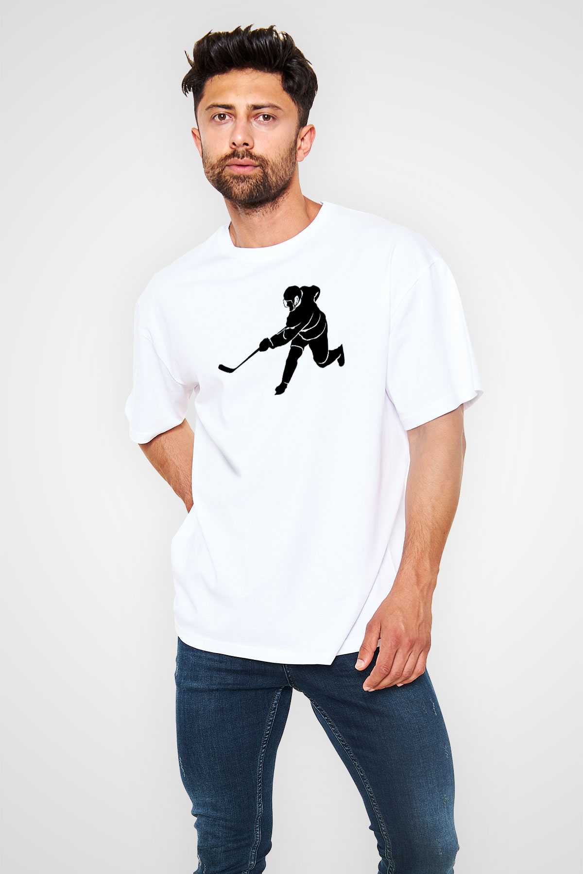 Buz Hokeyi Baskılı Unisex Beyaz Oversize Tişört - Tshirt