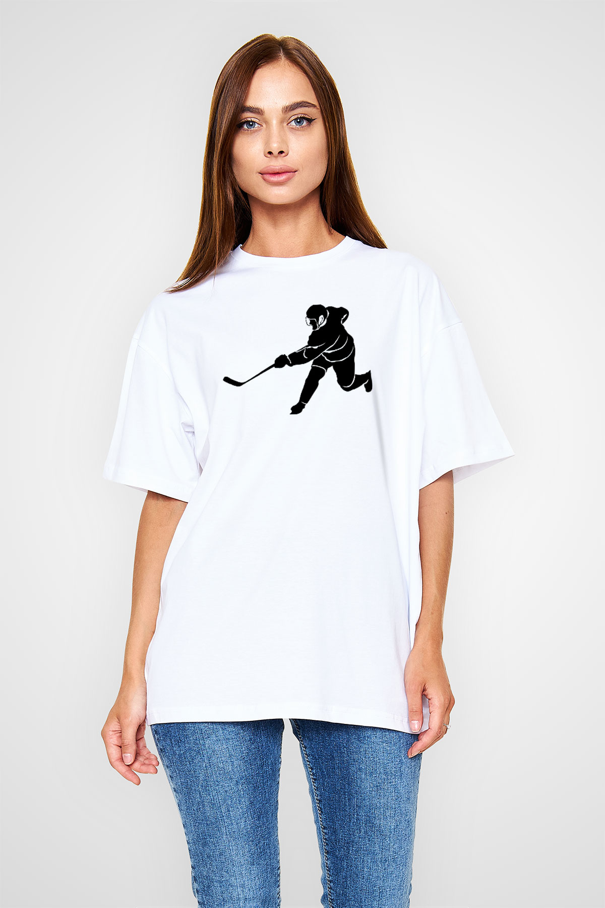 Buz Hokeyi Baskılı Unisex Beyaz Oversize Tişört - Tshirt