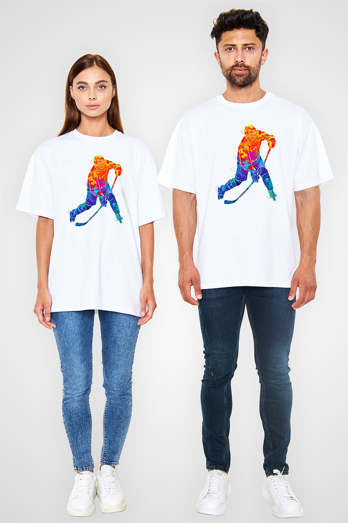 Buz Hokeyi Baskılı Unisex Beyaz Oversize Tişört - Tshirt