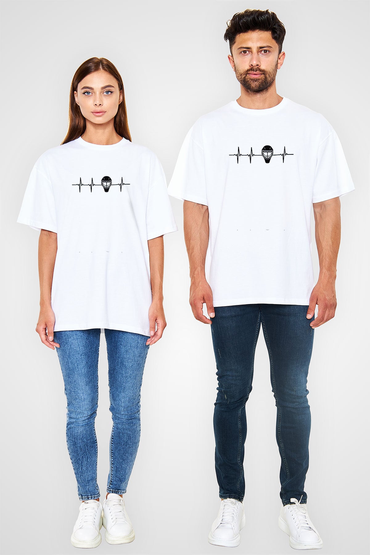 Buz Hokeyi Baskılı Unisex Beyaz Oversize Tişört - Tshirt