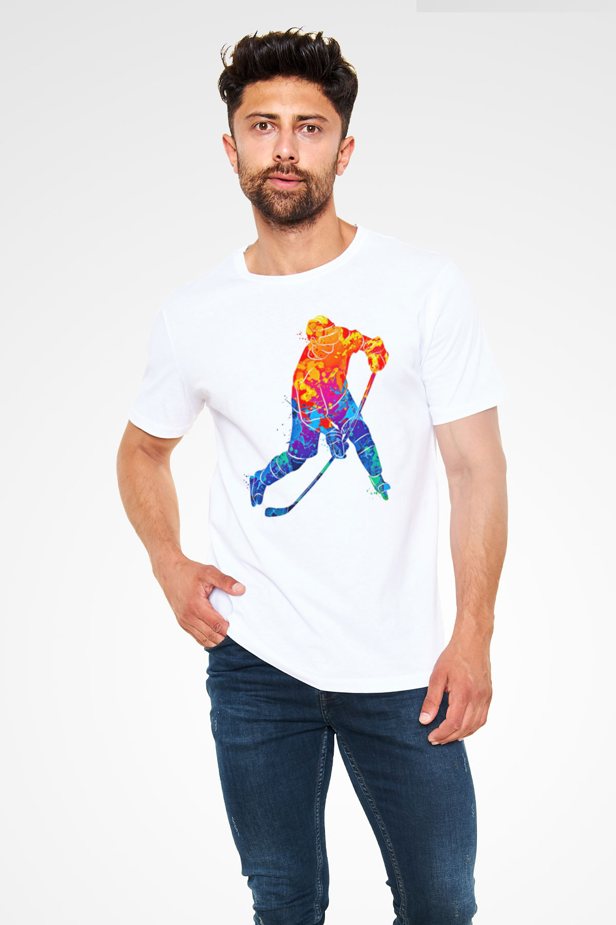 Buz Hokeyi Baskılı Unisex Beyaz Tişört - Tshirt