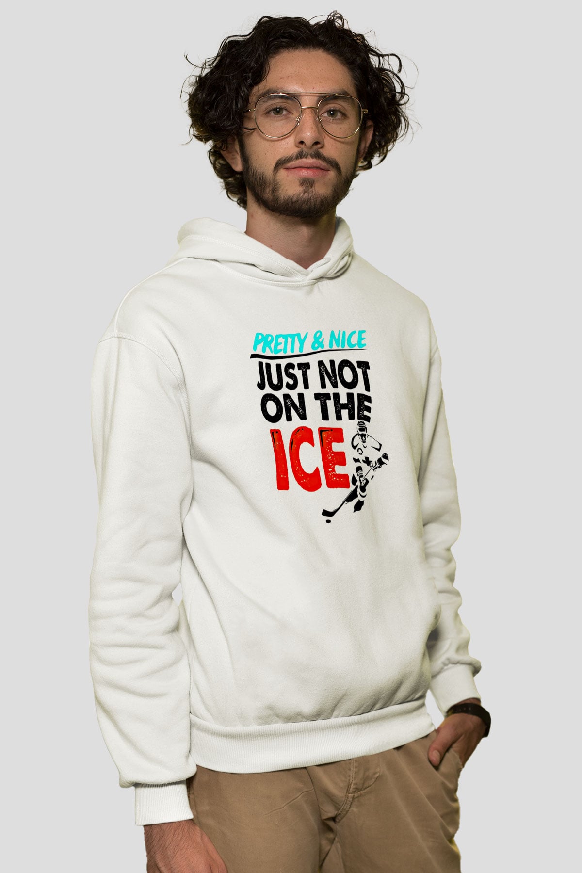 Buz Hokeyi Baskılı Unisex Ekru Hoodie