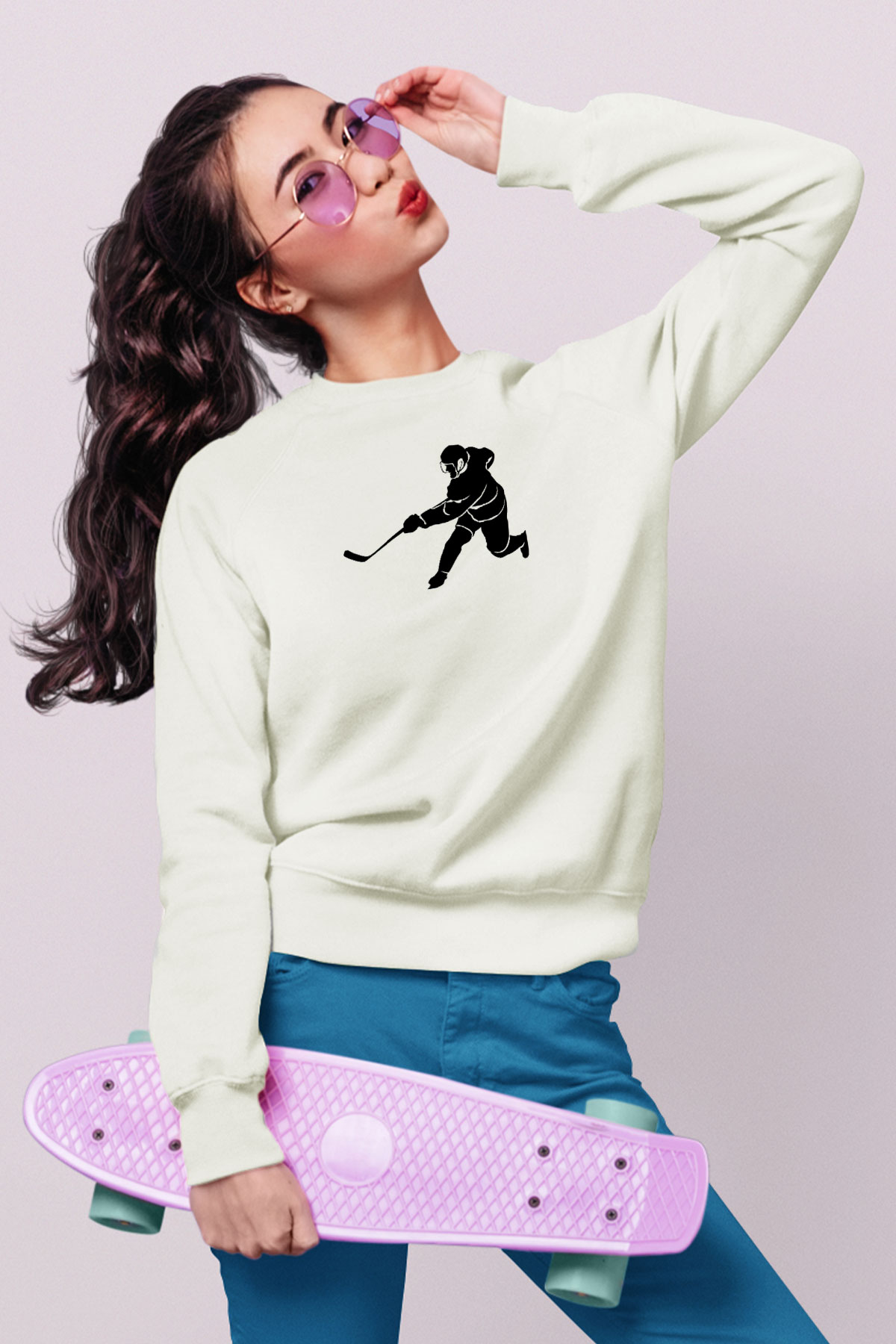 Buz Hokeyi Baskılı Unisex Ekru Sweatshirt