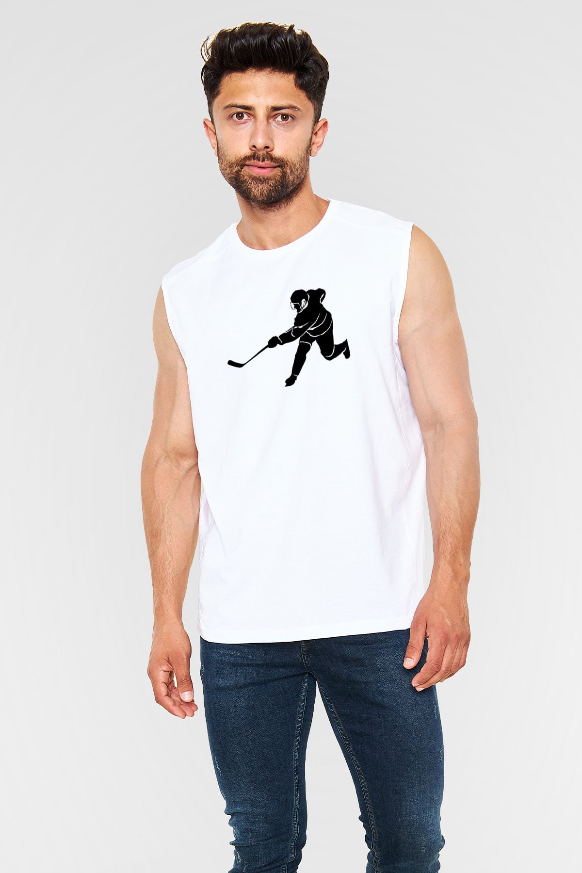 Buz Hokeyi Baskılı Unisex Kolsuz Beyaz Tişört