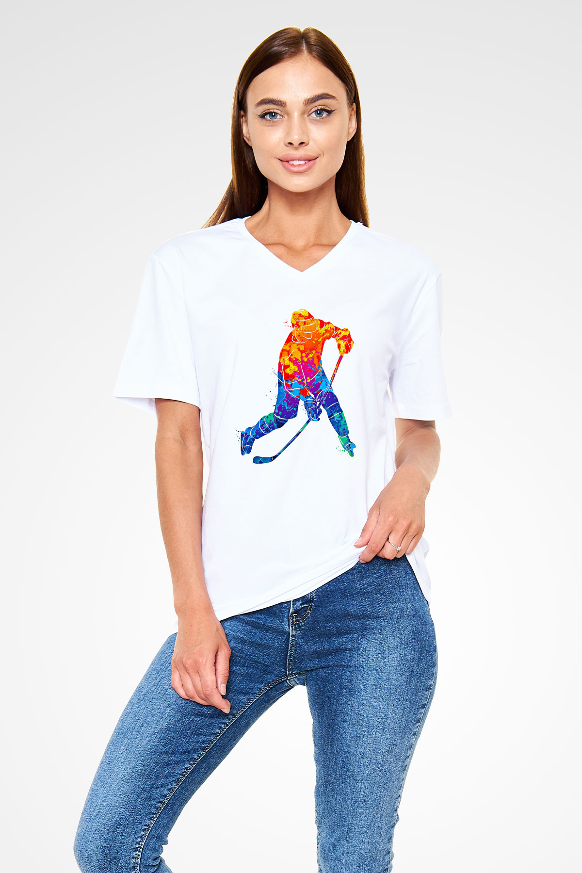 Buz Hokeyi Baskılı Unisex V Yaka Tişört - Tshirt