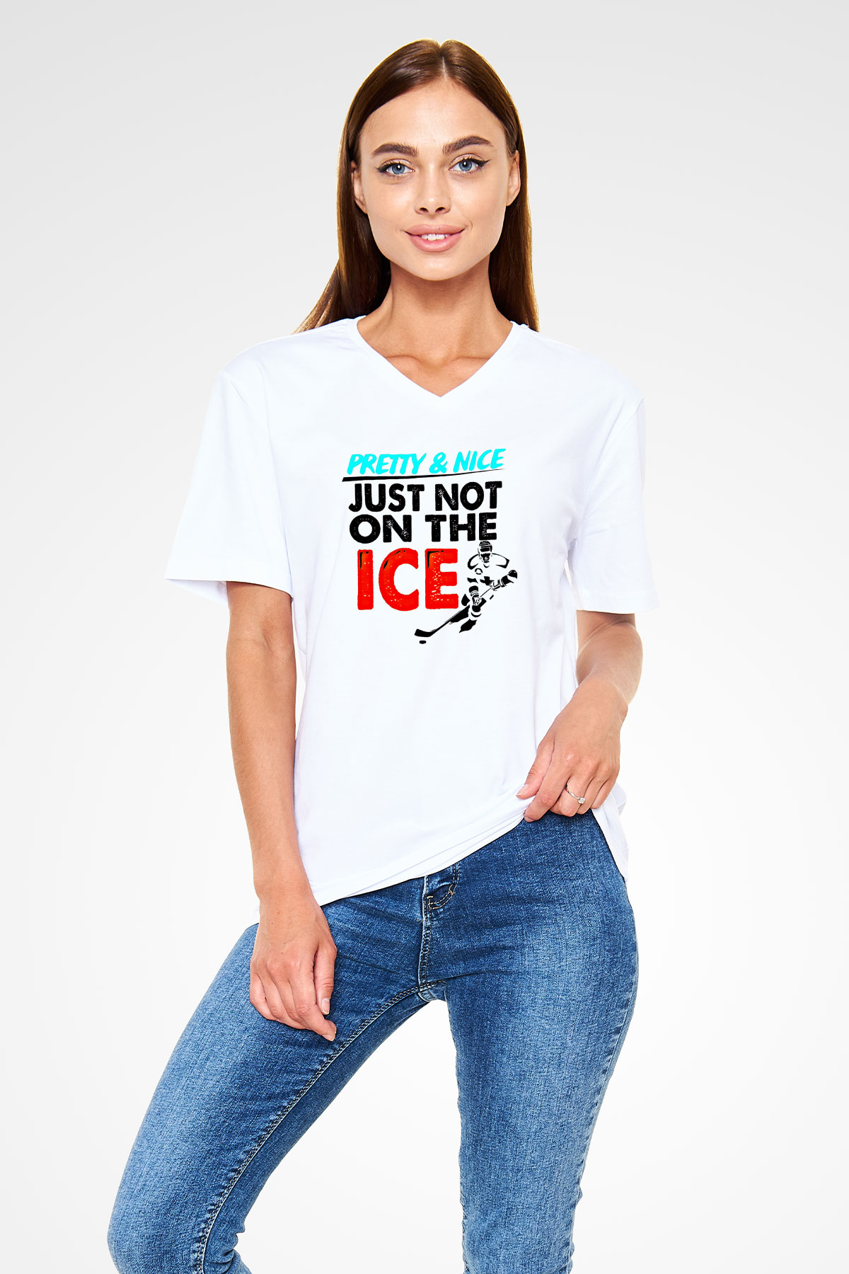 Buz Hokeyi Baskılı Unisex V Yaka Tişört - Tshirt