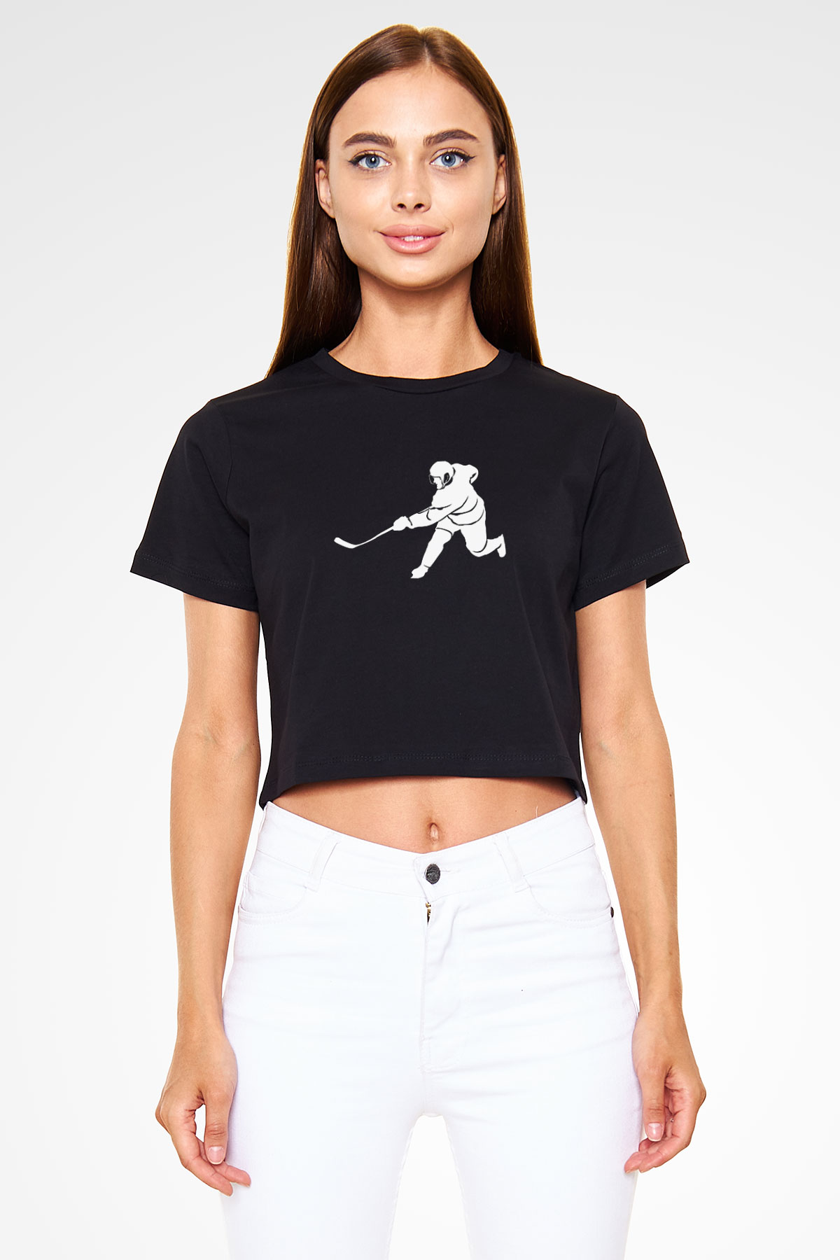 Buz Hokeyi - Ice Hockey Baskılı Crop Top Siyah Kadın Tişört - Tshirt