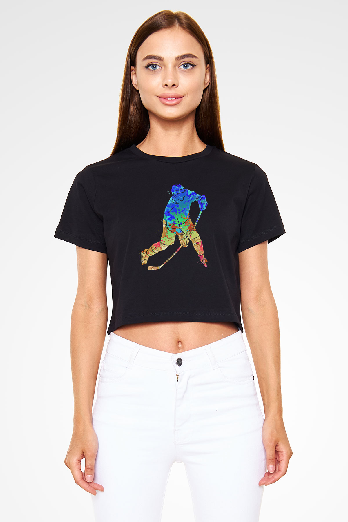Buz Hokeyi - Ice Hockey Baskılı Crop Top Siyah Kadın Tişört - Tshirt