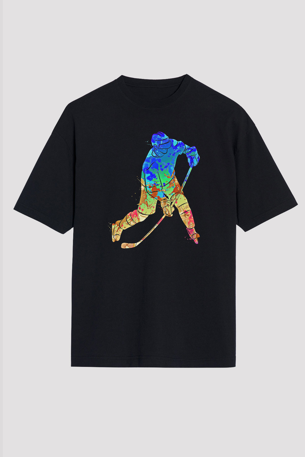 Buz Hokeyi - Ice Hockey Baskılı Unisex Siyah Oversize Tişört