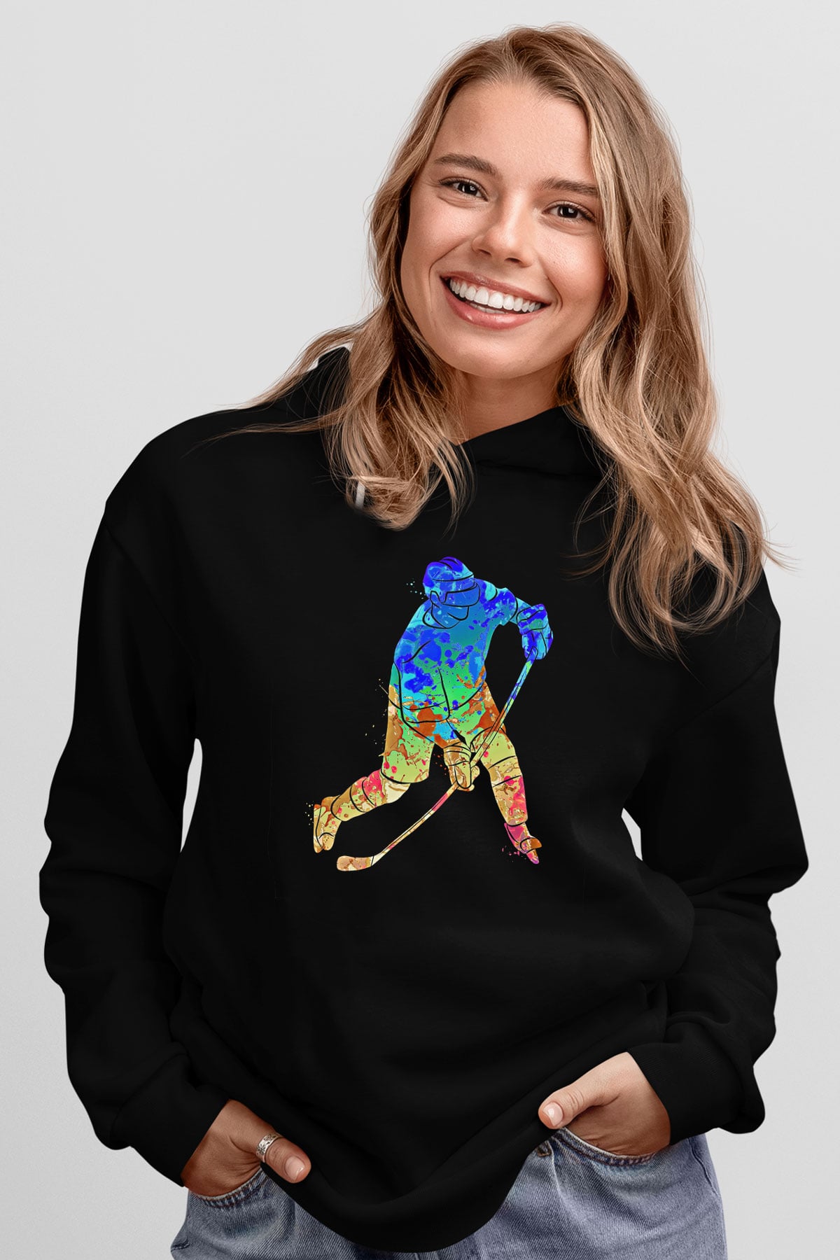 Buz Hokeyi - Ice Hockey Baskılı Unisex Siyah Hoodie