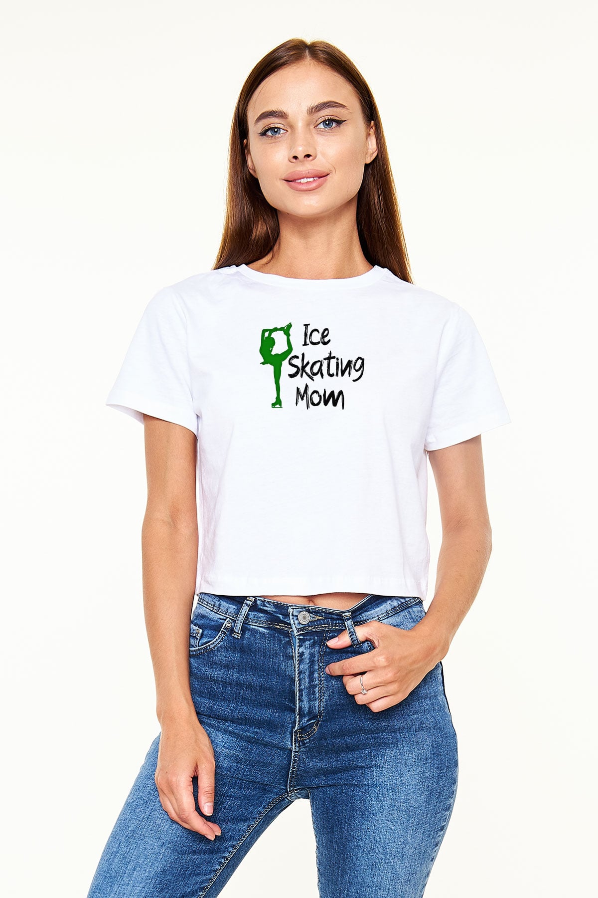 Buz Pateni Baskılı Crop Top Beyaz Tişört - T-shirt