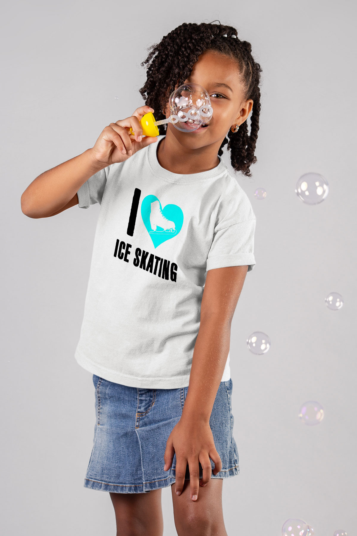 Buz Pateni Baskılı Unisex Beyaz Çocuk Tişört - Tshirt