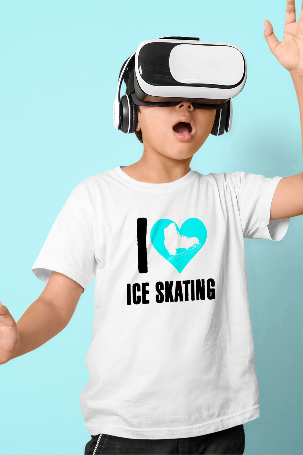 Buz Pateni Baskılı Unisex Beyaz Çocuk Tişört - Tshirt