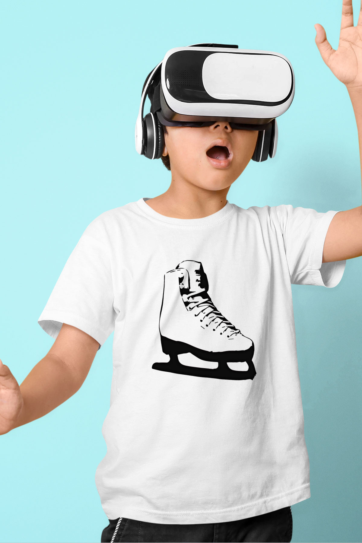 Buz Pateni Baskılı Unisex Beyaz Çocuk Tişört - Tshirt