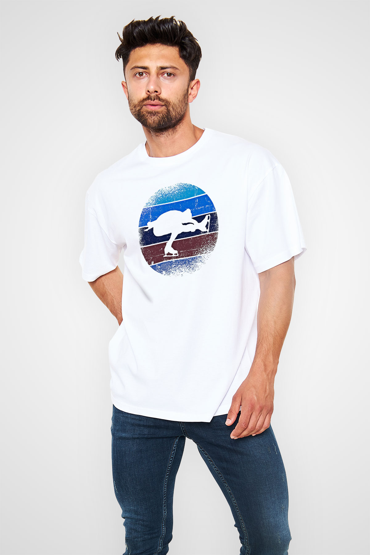 Buz Pateni Baskılı Unisex Beyaz Oversize Tişört - Tshirt