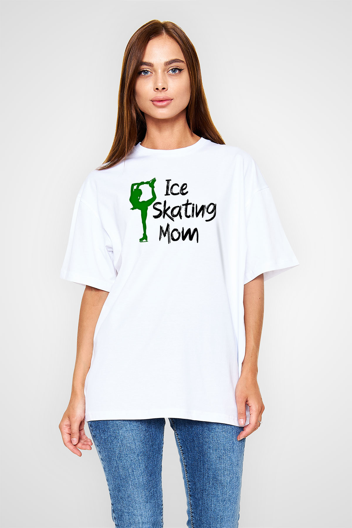 Buz Pateni Baskılı Unisex Beyaz Oversize Tişört - Tshirt