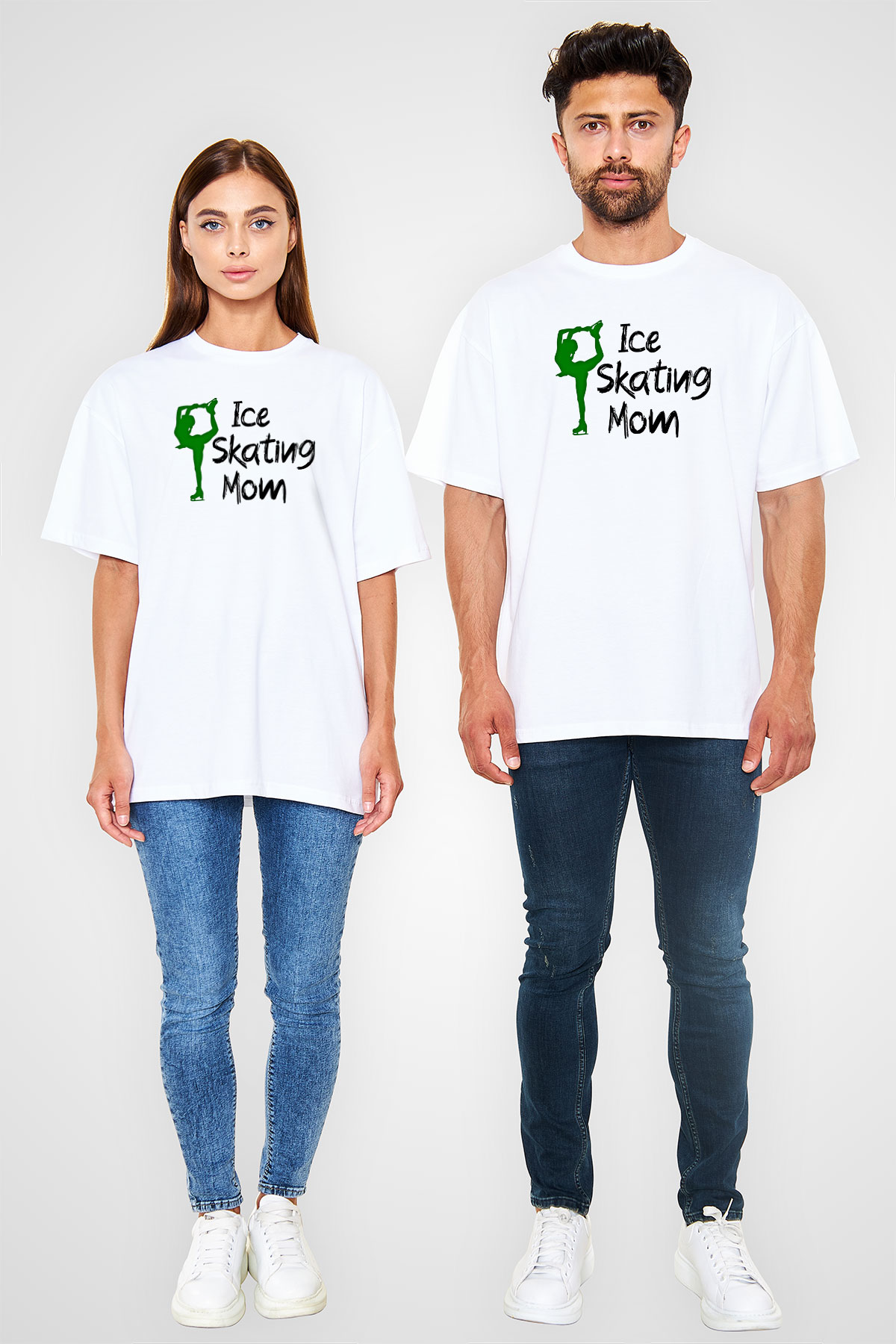 Buz Pateni Baskılı Unisex Beyaz Oversize Tişört - Tshirt