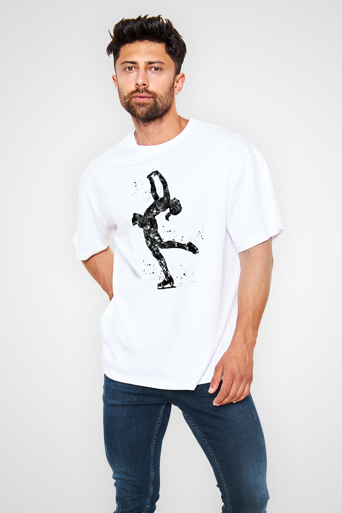 Buz Pateni Baskılı Unisex Beyaz Oversize Tişört - Tshirt