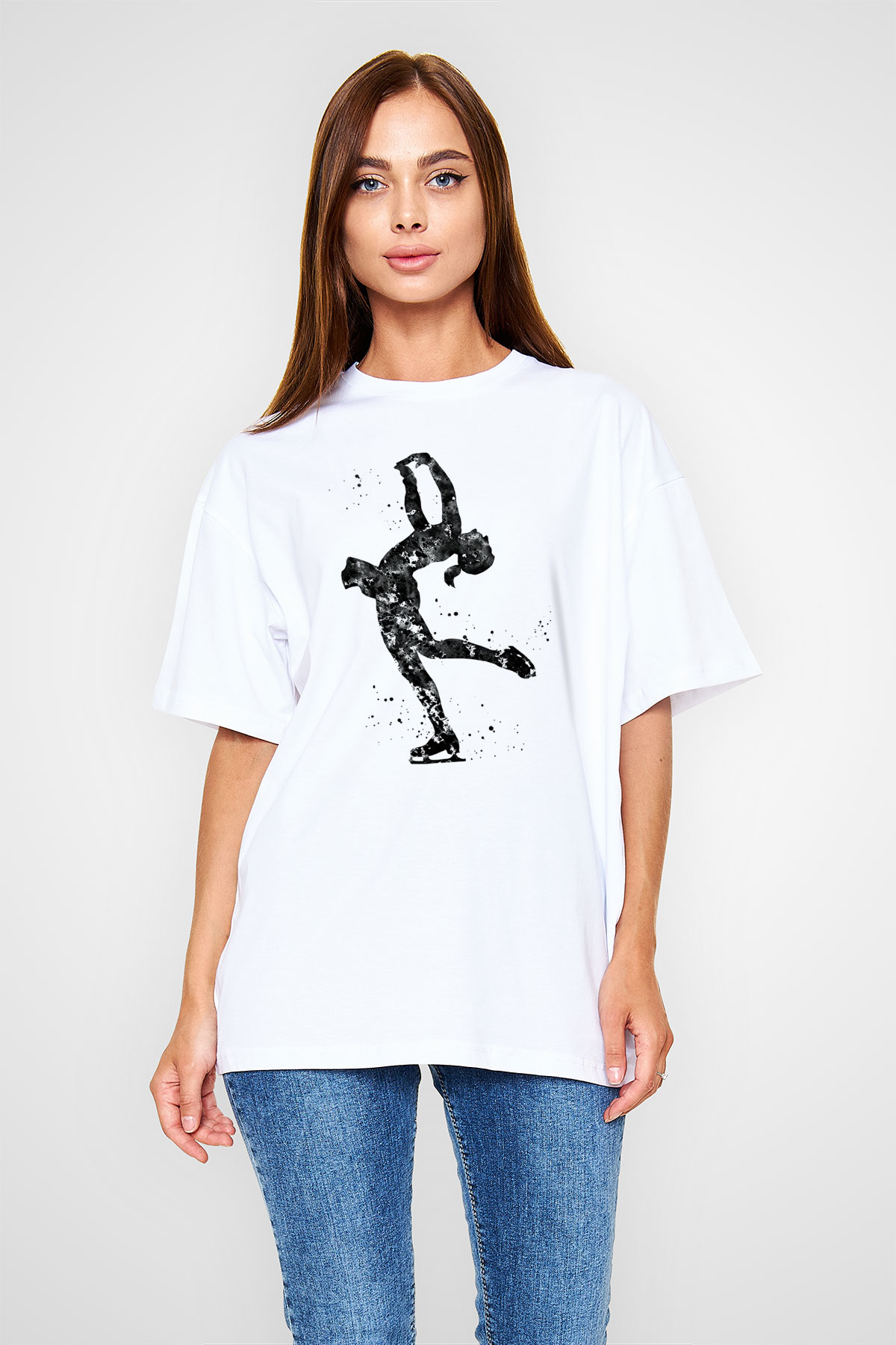 Buz Pateni Baskılı Unisex Beyaz Oversize Tişört - Tshirt