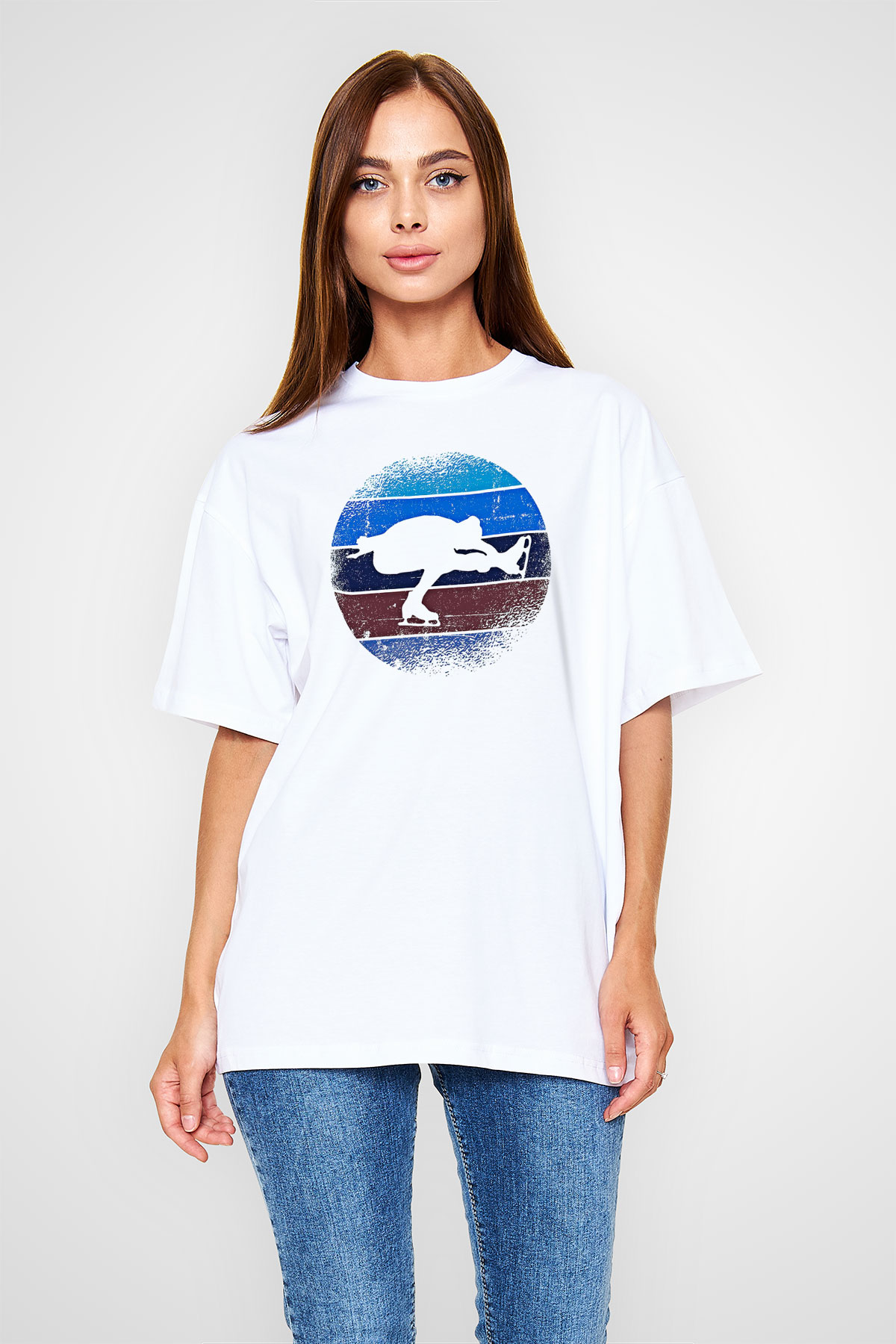 Buz Pateni Baskılı Unisex Beyaz Oversize Tişört - Tshirt