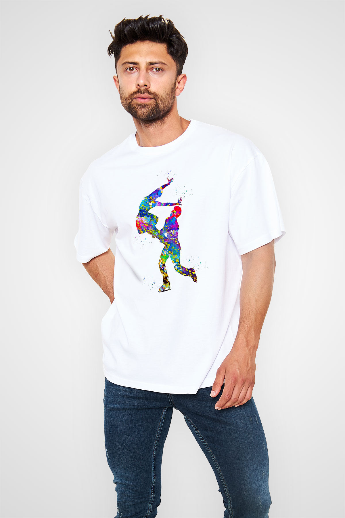 Buz Pateni Baskılı Unisex Beyaz Oversize Tişört - Tshirt