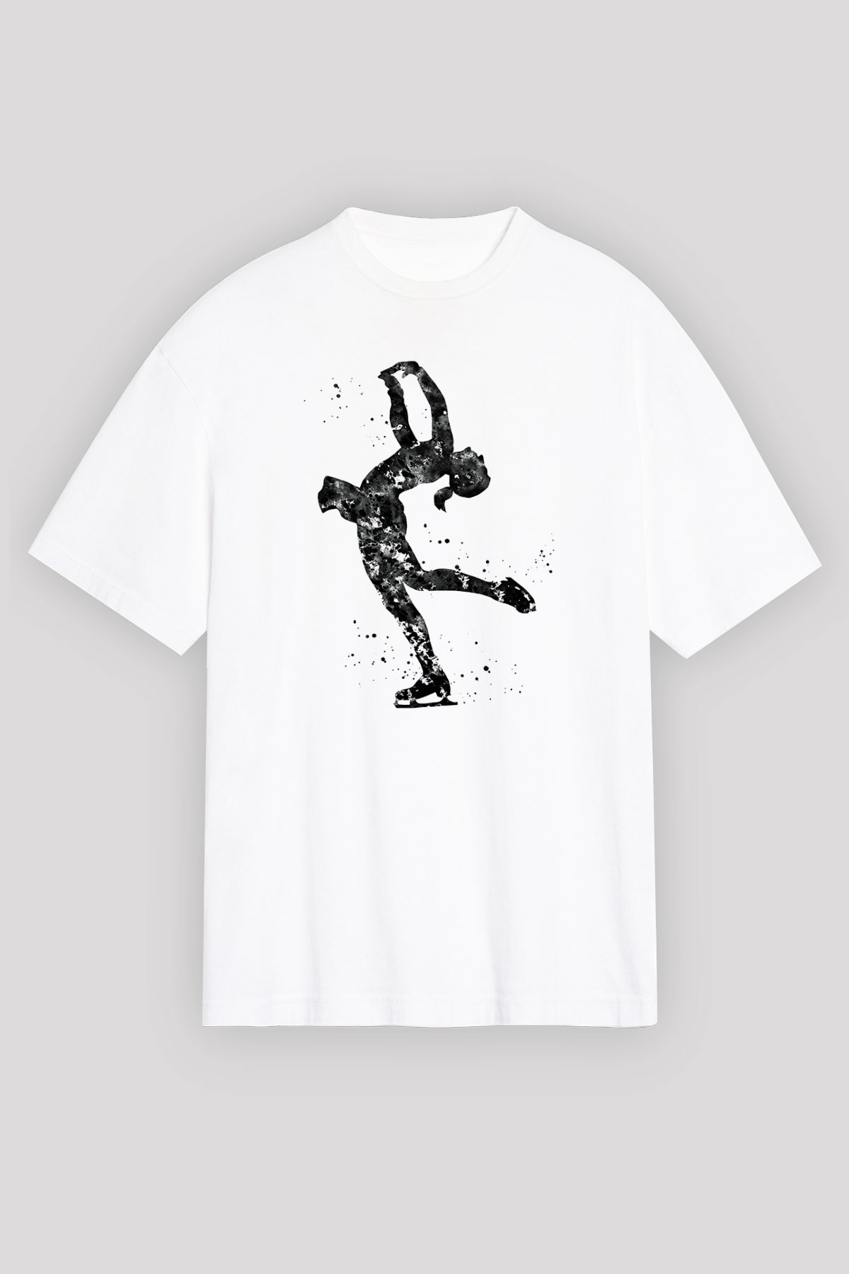 Buz Pateni Baskılı Unisex Beyaz Oversize Tişört - Tshirt