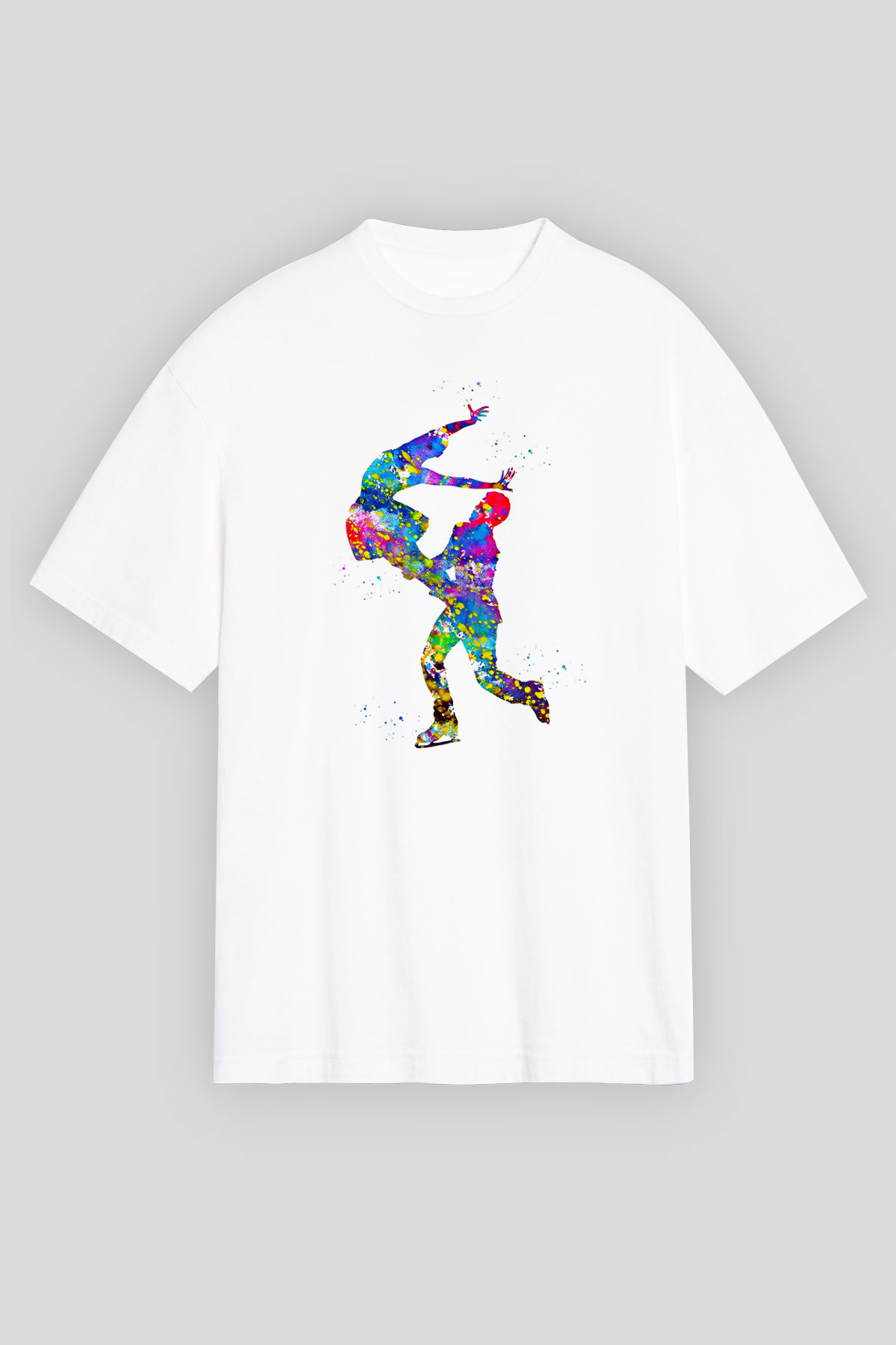 Buz Pateni Baskılı Unisex Beyaz Oversize Tişört - Tshirt