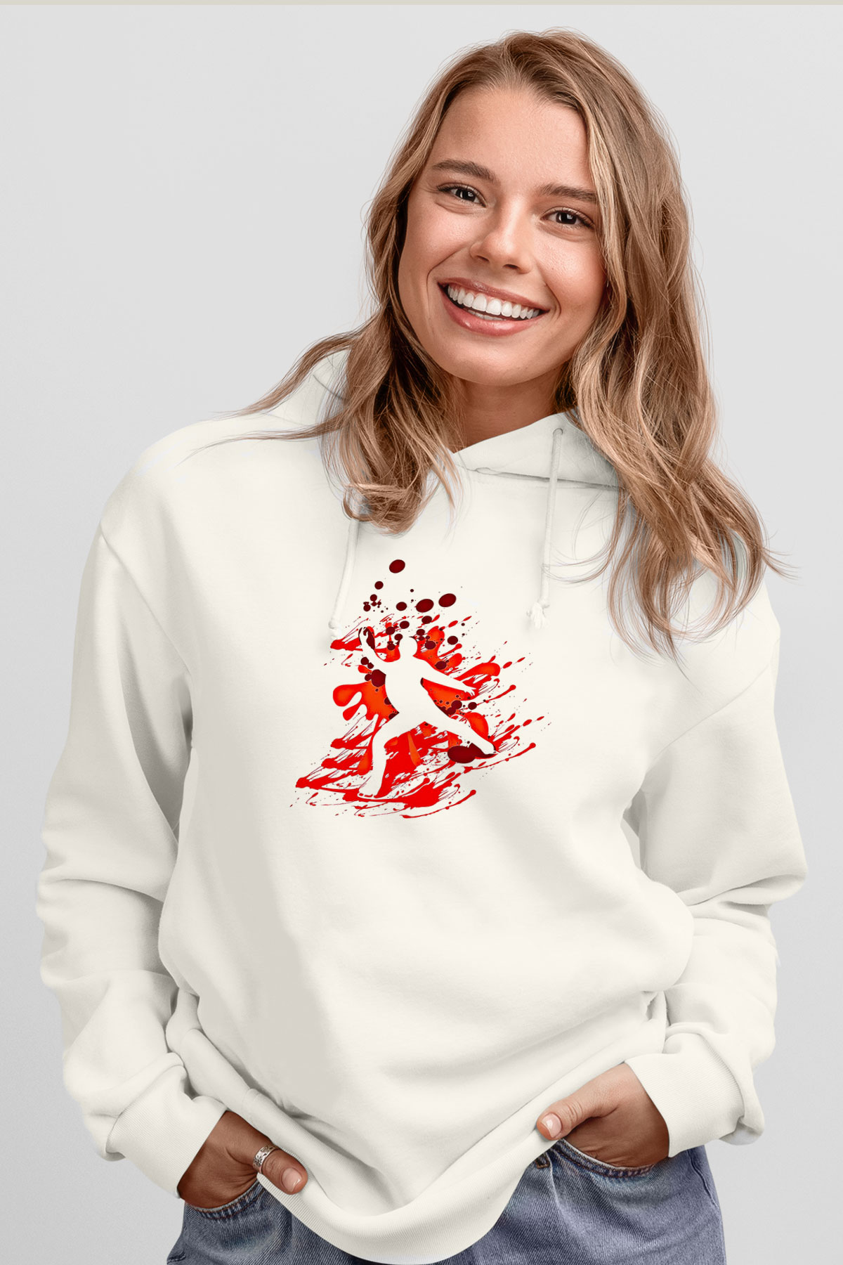 Buz Pateni Baskılı Unisex Ekru Hoodie