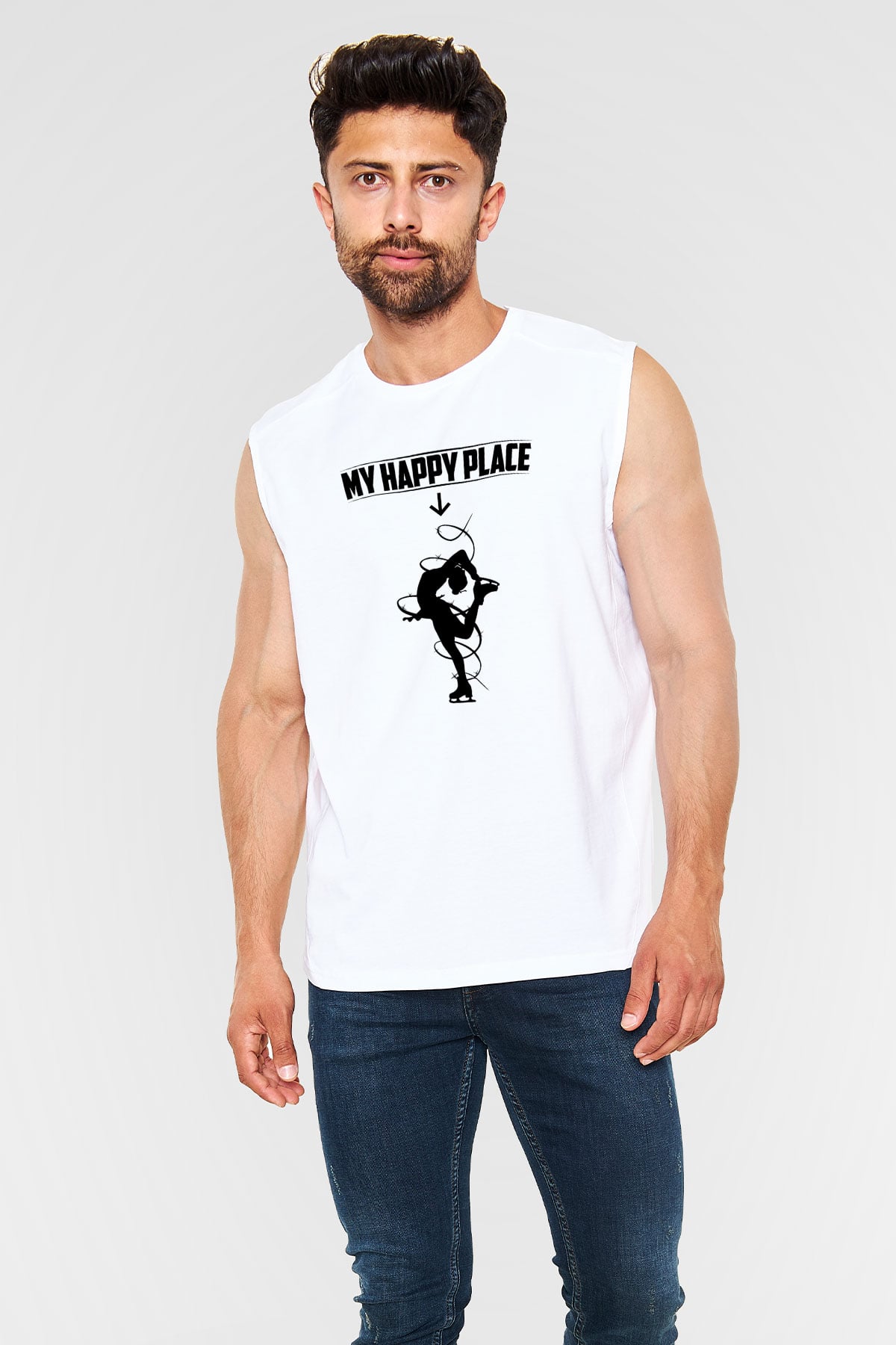 Buz Pateni Baskılı Unisex Kolsuz Beyaz Tişört