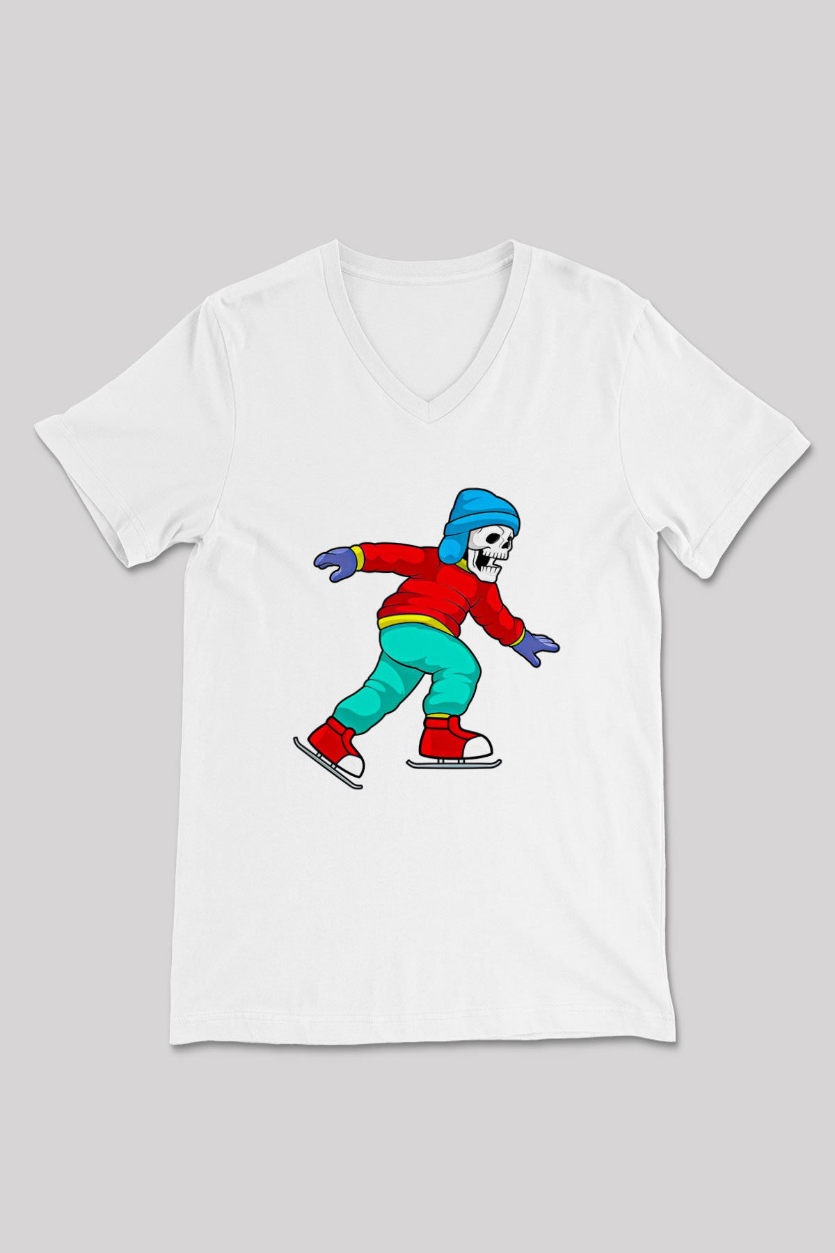 Buz Pateni Baskılı Unisex V Yaka Tişört - Tshirt