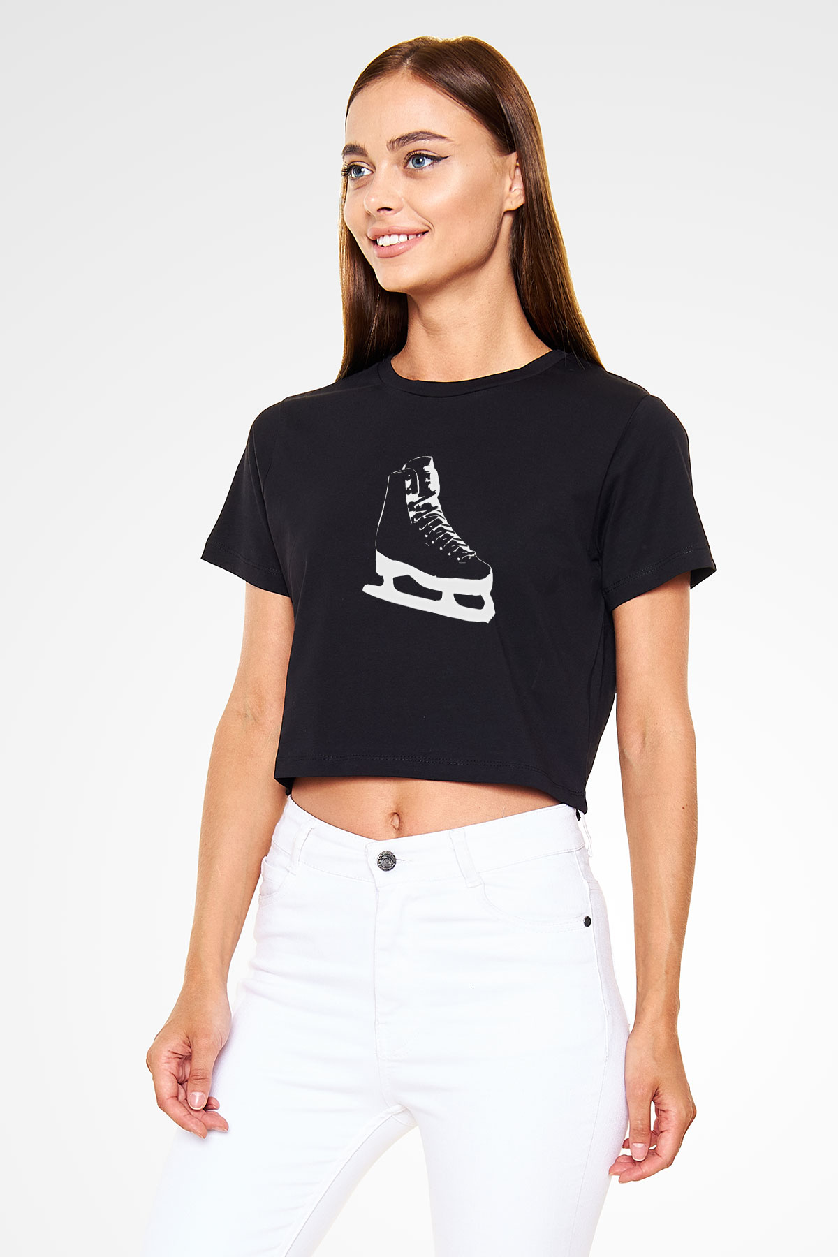 Buz Pateni - Ice skating Baskılı Crop Top Siyah Kadın Tişört - Tshirt