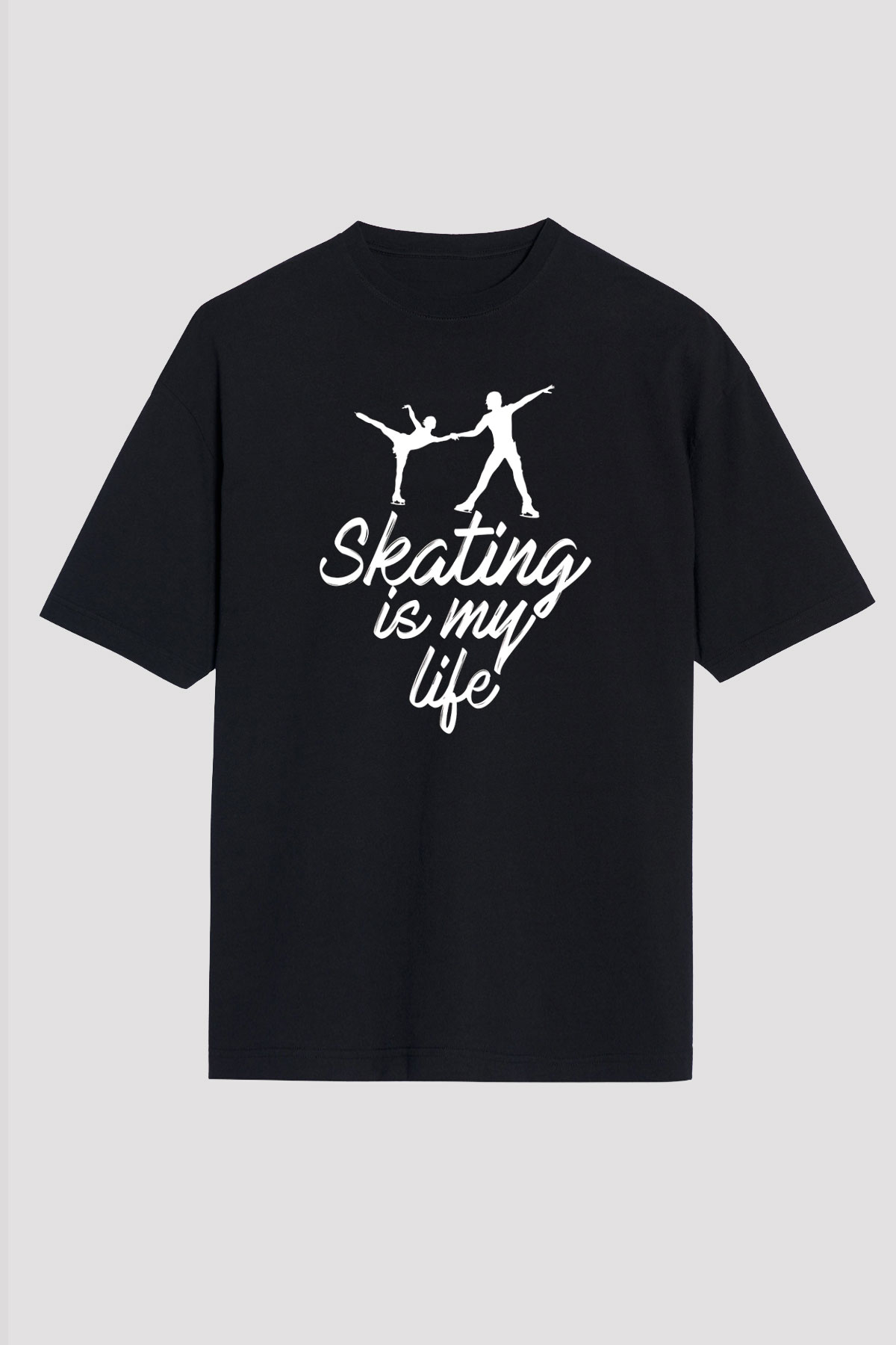 Buz Pateni - Ice skating Baskılı Unisex Siyah Oversize Tişört
