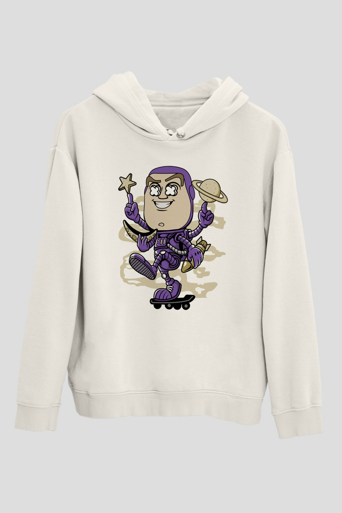 Buzz Skateboard Baskılı Unisex Beyaz Hoodie