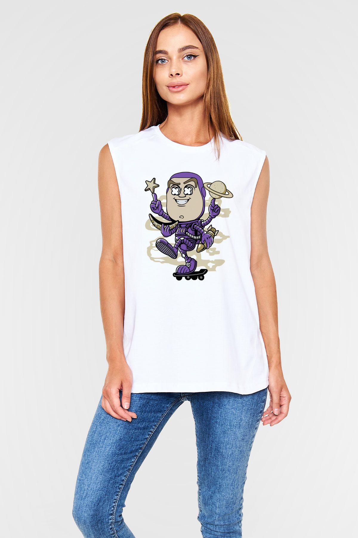 Buzz Skateboard Baskılı Unisex Beyaz Kolsuz Tişört
