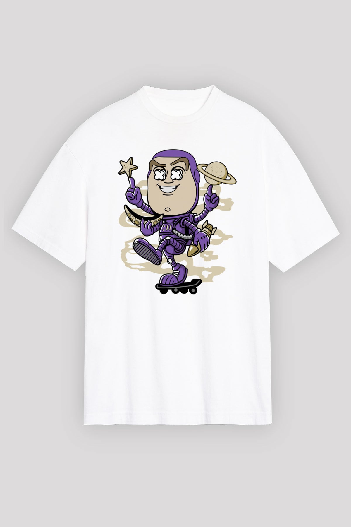 Buzz Skateboard Baskılı Unisex Beyaz Oversize Tişört