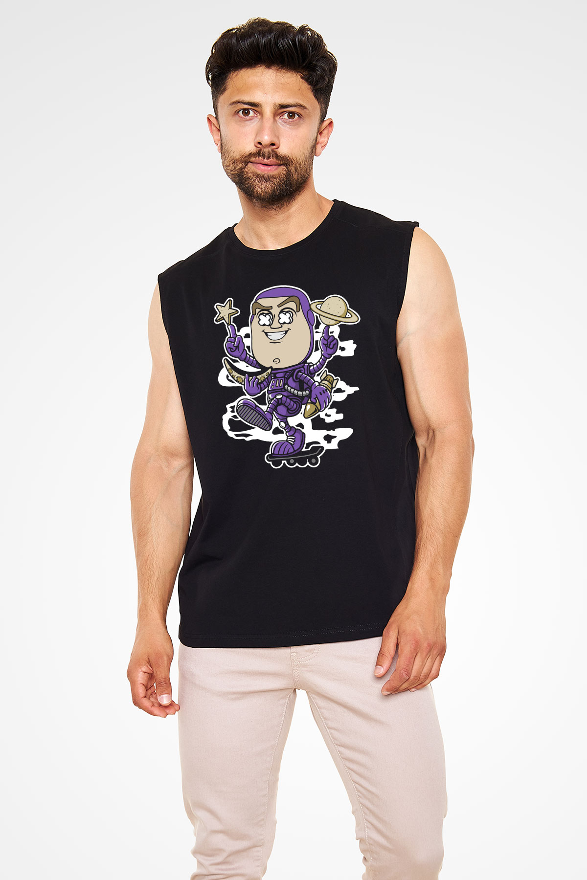 Buzz Skateboard Baskılı Unisex Siyah Kolsuz Tişört