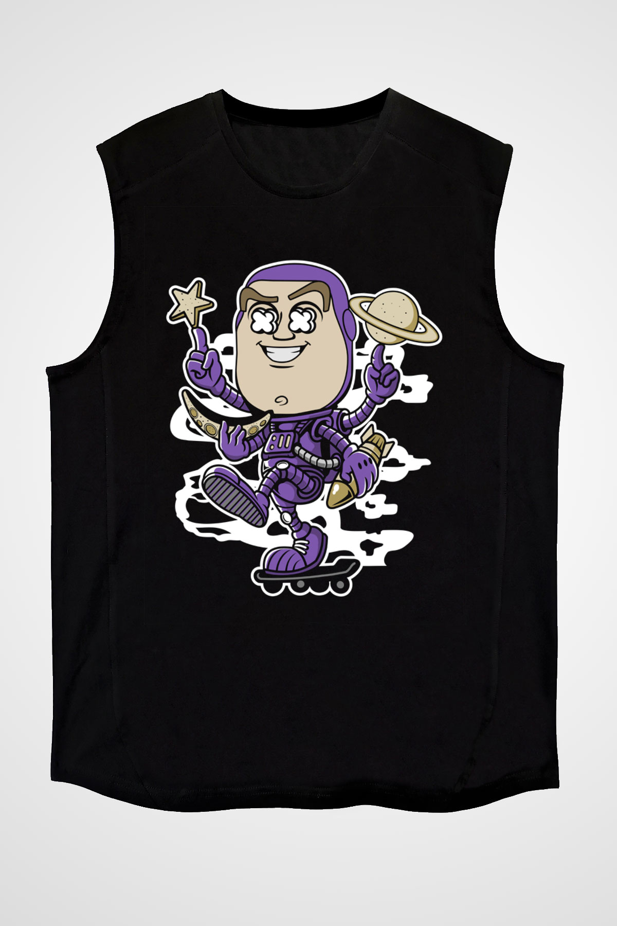 Buzz Skateboard Baskılı Unisex Siyah Kolsuz Tişört
